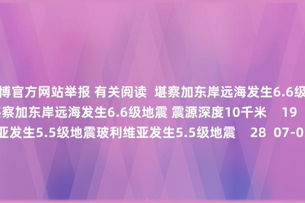 亚博官方网站举报 有关阅读  堪察加东岸远海发生6.6级地震 震源深度10千米堪察加东岸远海发生6.6级地震 震源深度10千米    19  昨天 15:09     玻利维亚发生5.5级地震玻利维亚发生5.5级地震    28  07-03 14:16     西藏阿里地区日土县发生3.8级地震西藏阿里地区日土县发生3.8级地震    0  06-22 22:07     日本北海谈沿岸远海发生